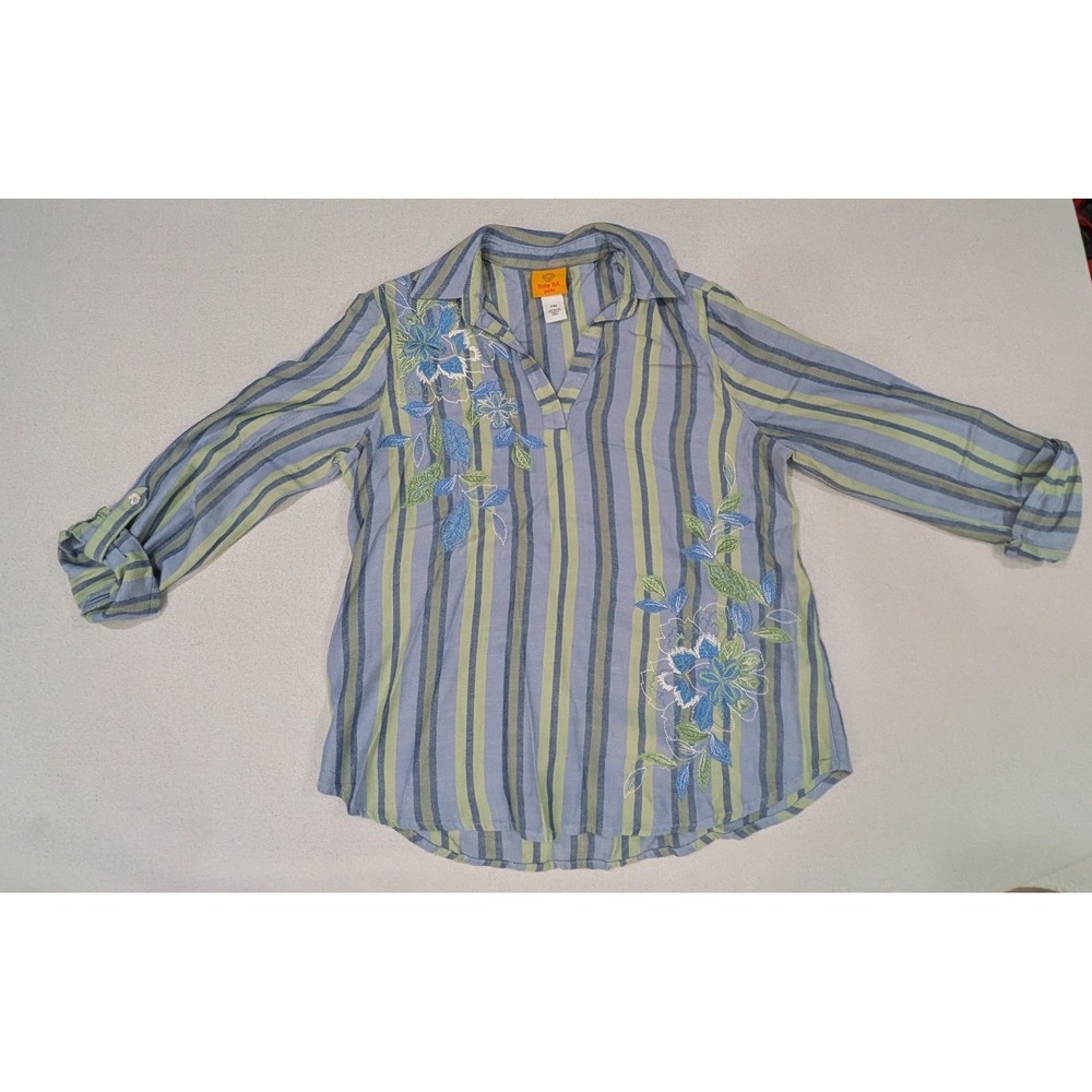Ruby Rd Tunic Blouse Womens PM Blue Green Excellent Floral Embroidered Striped